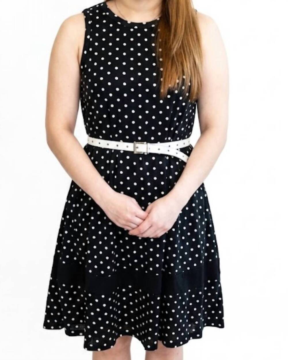 NEW NIMI K sleeveless swing dress in black/white polka dot